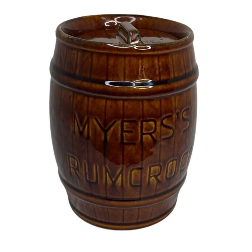 Vintage Myers Rum Crock 1970s Ceramic Barrel Cookie Jar With Lid, 7 Brown